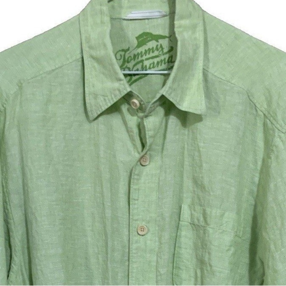Tommy Bahama 100% Linen Shirt Men L Green Button Up Long Sleeve Camp Beach Relax